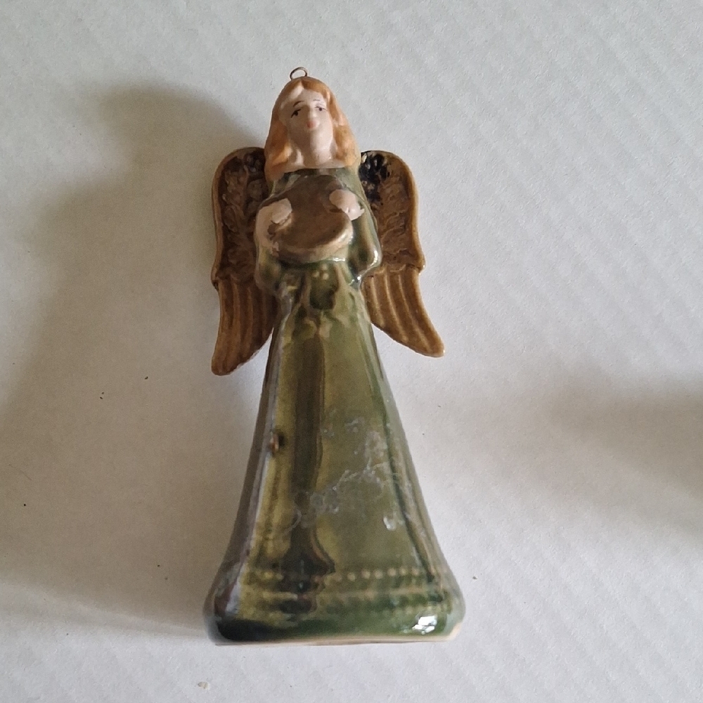 Ceramic Angel Figurine Ornament with Green Dress  Wings